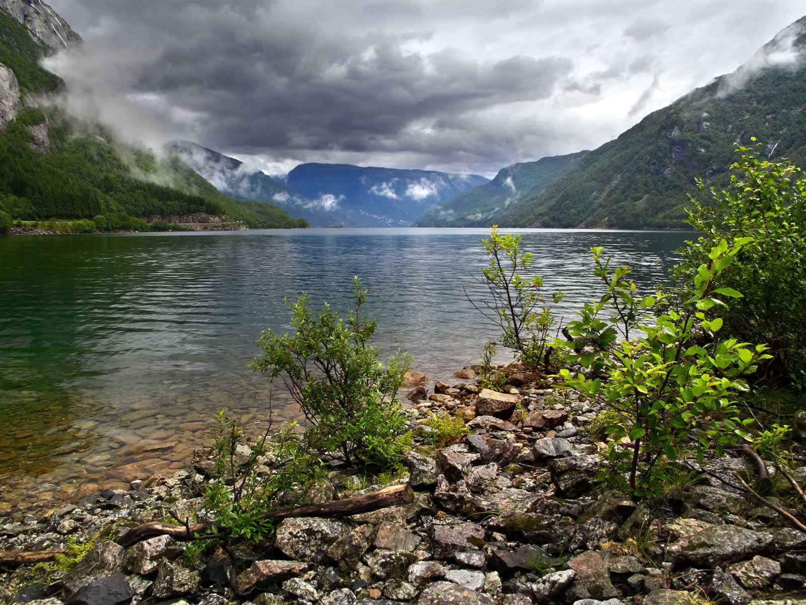 A body of water with trees and mountains in the background.